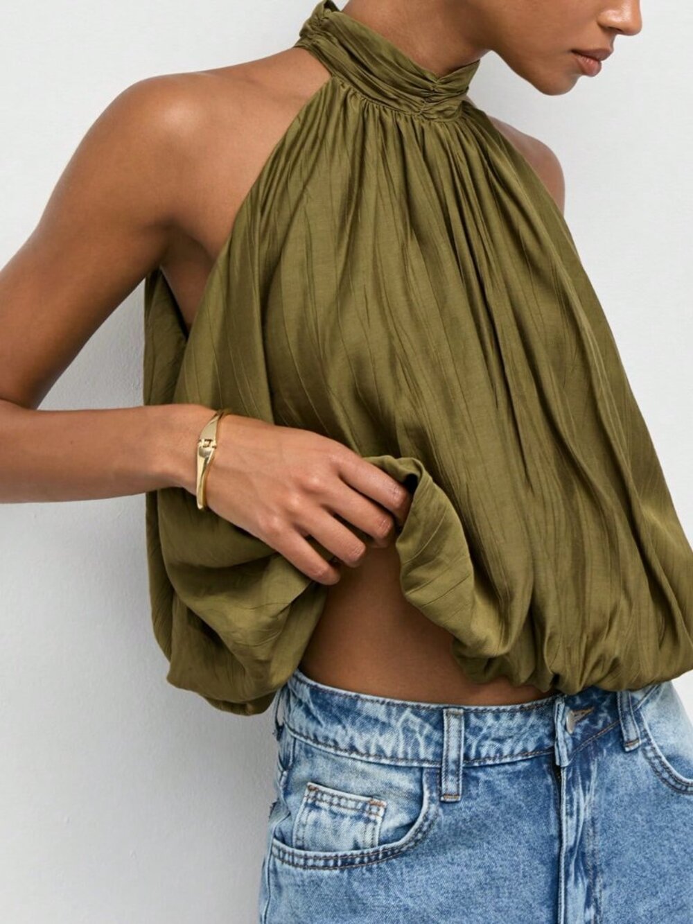 Green Casual Women's Pleated Elegant Loose Halter Neck Top